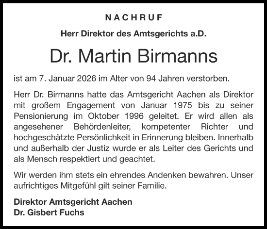 Traueranzeige von Martin Birmanns von Aachener Zeitung