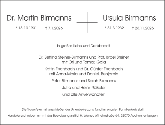 Traueranzeige von Martin Birmanns von Aachener Zeitung