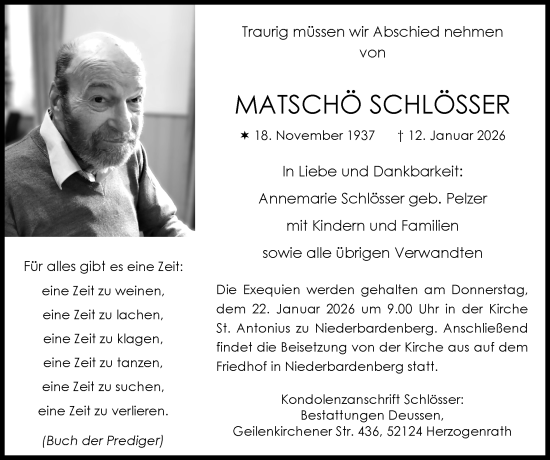 Traueranzeige von Matschö Schlösser von Zeitung am Sonntag