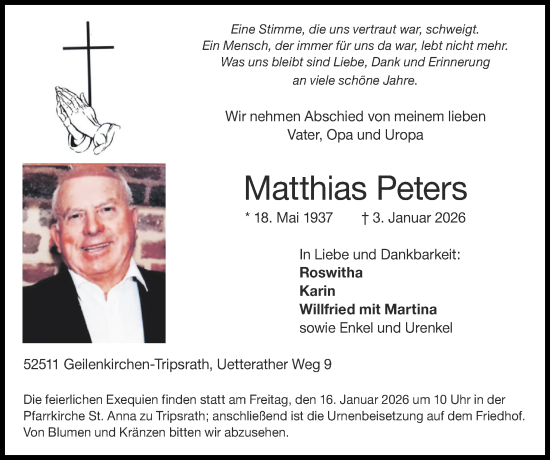 Traueranzeige von Matthias Peters von Zeitung am Sonntag