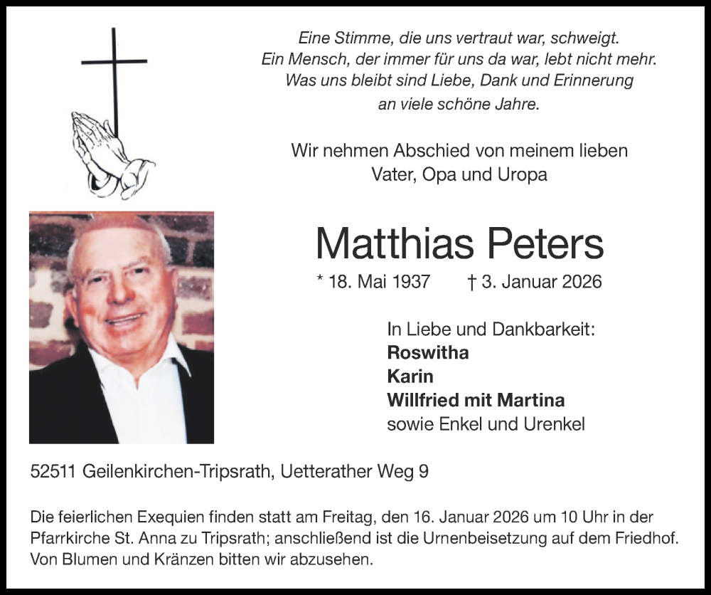  Traueranzeige für Matthias Peters vom 11.01.2026 aus Zeitung am Sonntag