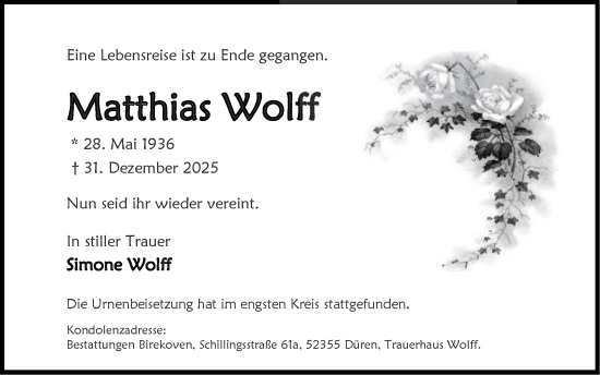 Traueranzeige von Matthias Wolff von Zeitung am Sonntag
