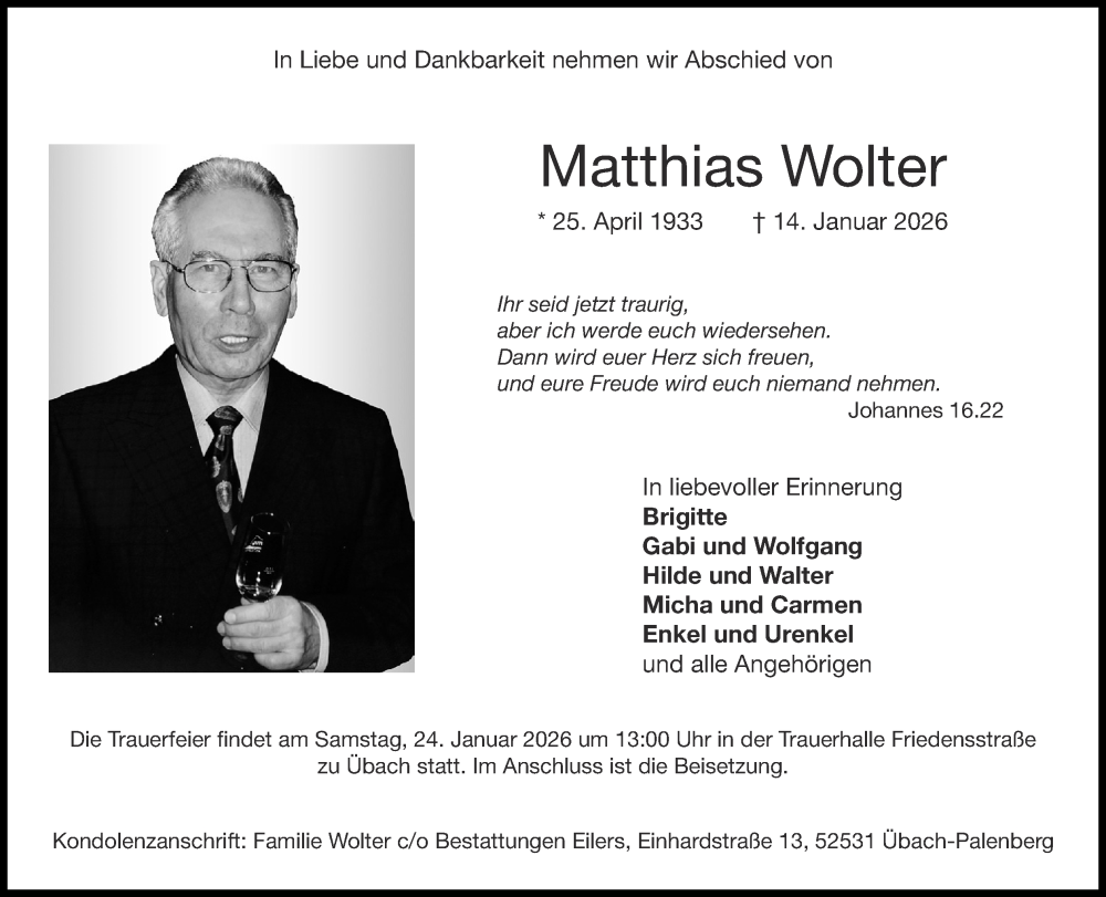  Traueranzeige für Matthias Wolter vom 18.01.2026 aus Zeitung am Sonntag