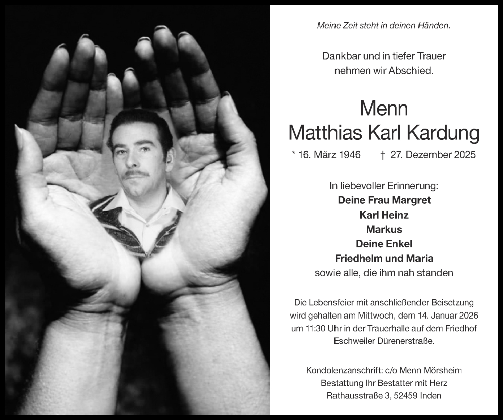  Traueranzeige für Matthias Karl Kardung vom 11.01.2026 aus Zeitung am Sonntag