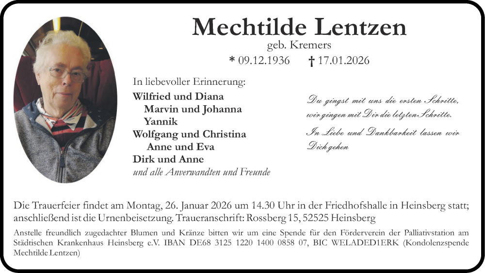  Traueranzeige für Mechtilde Lentzen vom 24.01.2026 aus Aachener Zeitung