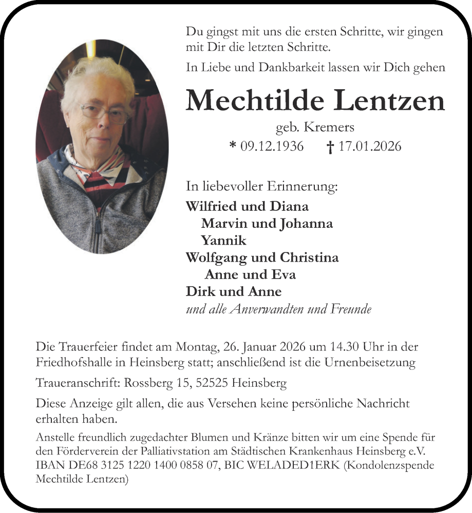  Traueranzeige für Mechtilde Lentzen vom 25.01.2026 aus Zeitung am Sonntag