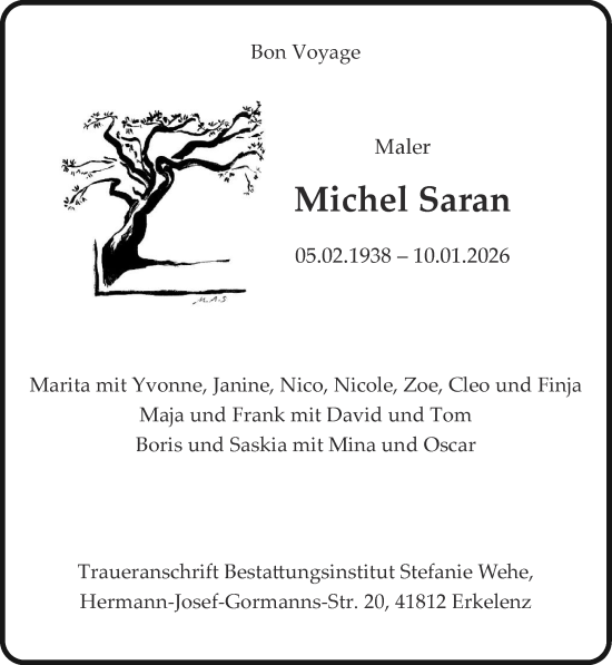 Traueranzeige von Michel Saran von Zeitung am Sonntag