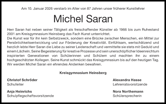 Traueranzeige von Michel Saran von Zeitung am Sonntag