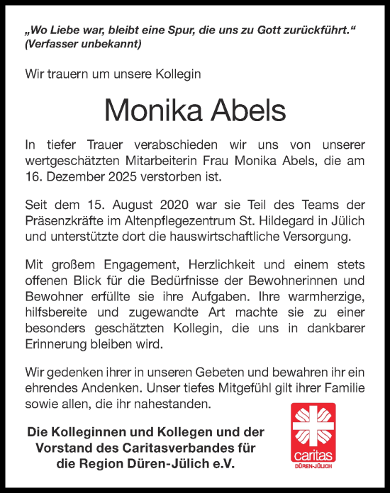 Traueranzeige von Monika Abels von Zeitung am Sonntag