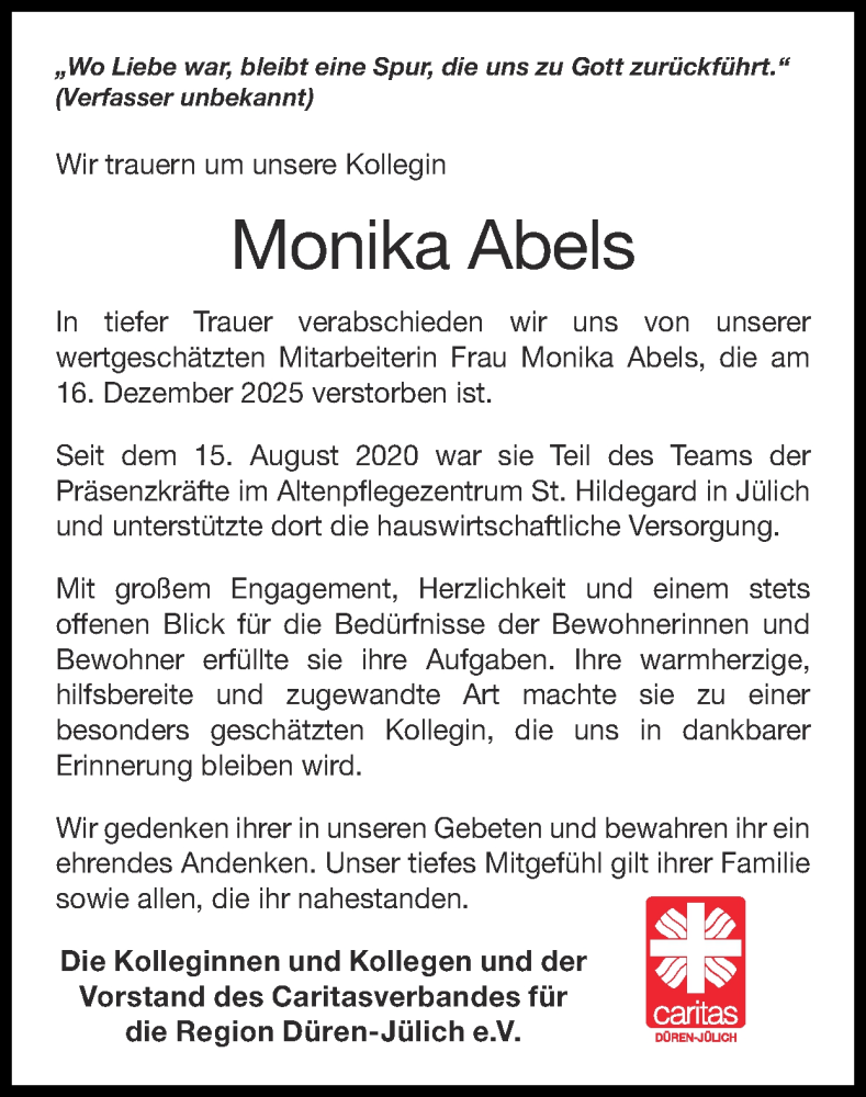  Traueranzeige für Monika Abels vom 25.01.2026 aus Zeitung am Sonntag