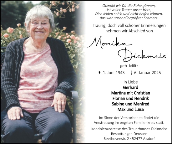 Traueranzeige von Monika Dickmeis von Zeitung am Sonntag