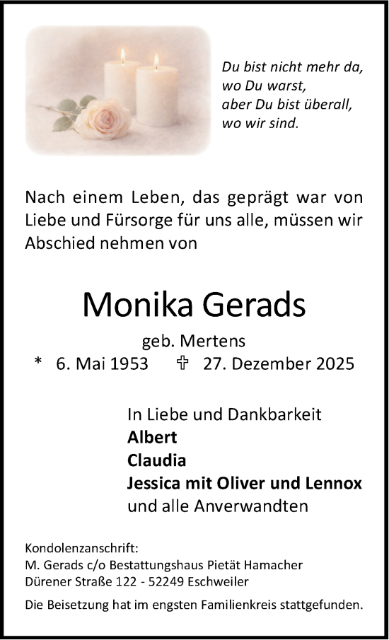 Traueranzeige von Monika Gerads von Zeitung am Sonntag
