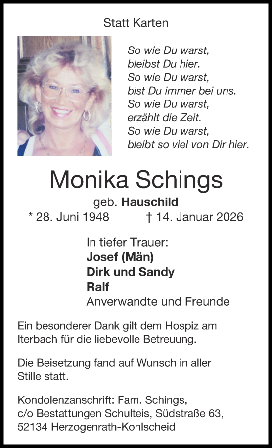 Traueranzeige von Monika Schings von Zeitung am Sonntag