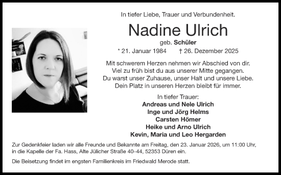 Traueranzeige von Nadine Ulrich von Zeitung am Sonntag