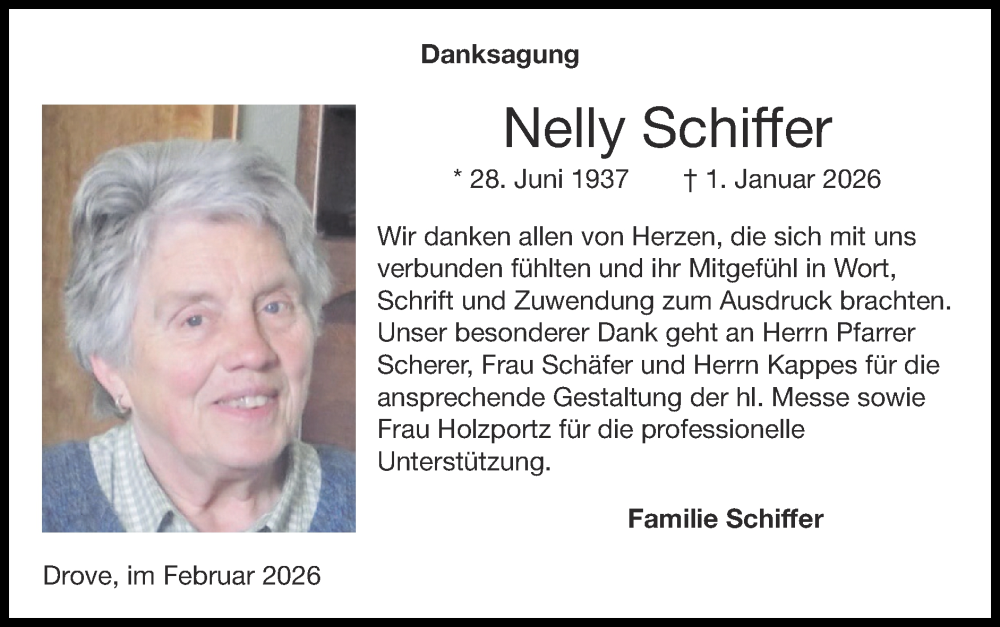  Traueranzeige für Nelly Schiffer vom 01.02.2026 aus Zeitung am Sonntag