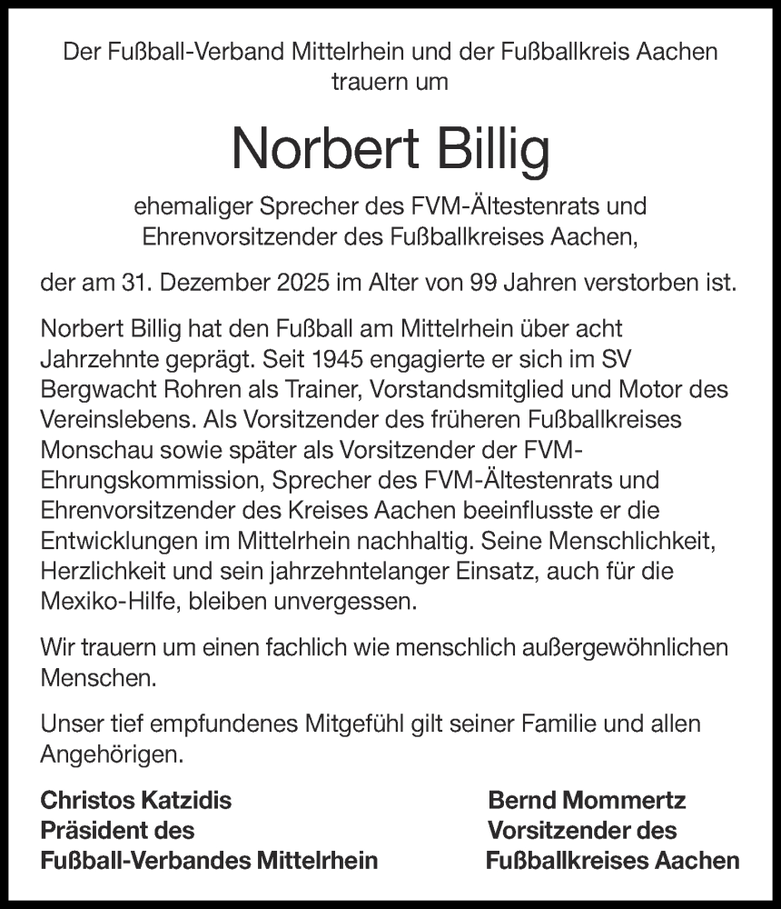  Traueranzeige für Norbert Billig vom 17.01.2026 aus Aachener Zeitung