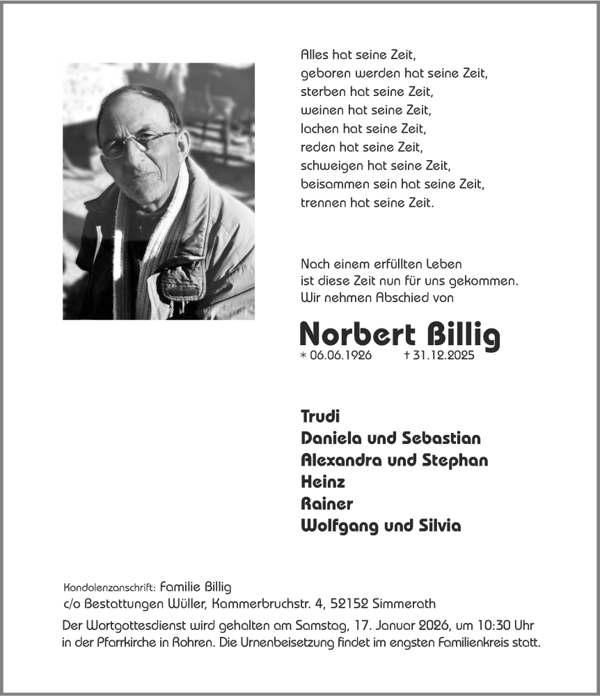 Traueranzeige für Norbert Billig vom 10.01.2026 aus Aachener Zeitung