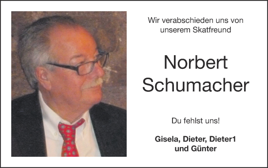 Traueranzeige von Norbert Schumacher von Zeitung am Sonntag