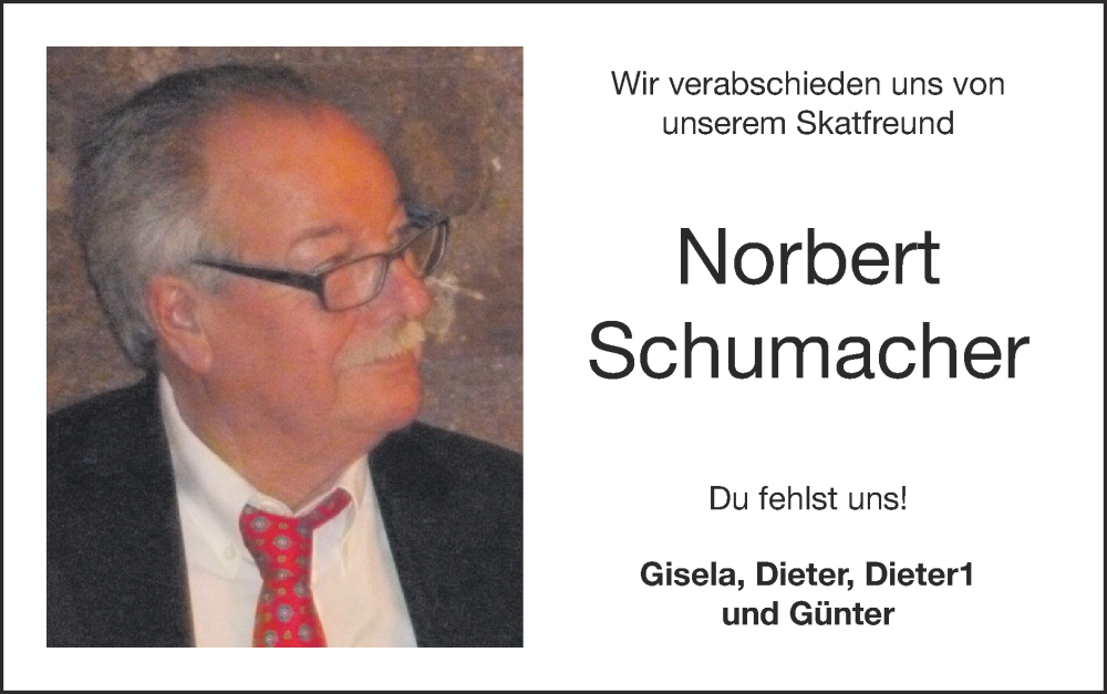  Traueranzeige für Norbert Schumacher vom 25.01.2026 aus Zeitung am Sonntag