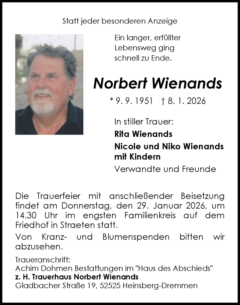  Traueranzeige für Norbert Wienands vom 25.01.2026 aus Zeitung am Sonntag