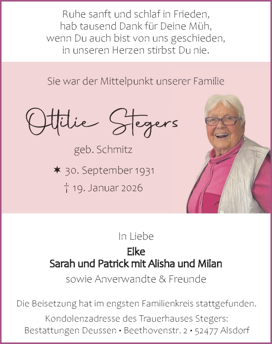 Traueranzeige von Ottilie Stegers von Zeitung am Sonntag