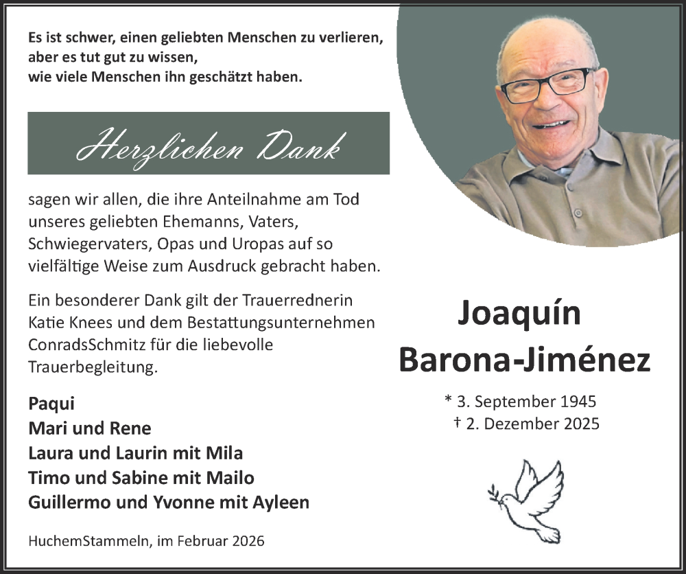  Traueranzeige für Paqui Barona-Jiménez vom 01.02.2026 aus Zeitung am Sonntag