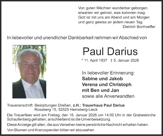 Traueranzeige von Paul Darius von Zeitung am Sonntag