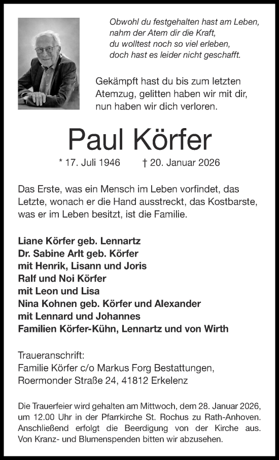Traueranzeige von Paul Körfer von Zeitung am Sonntag