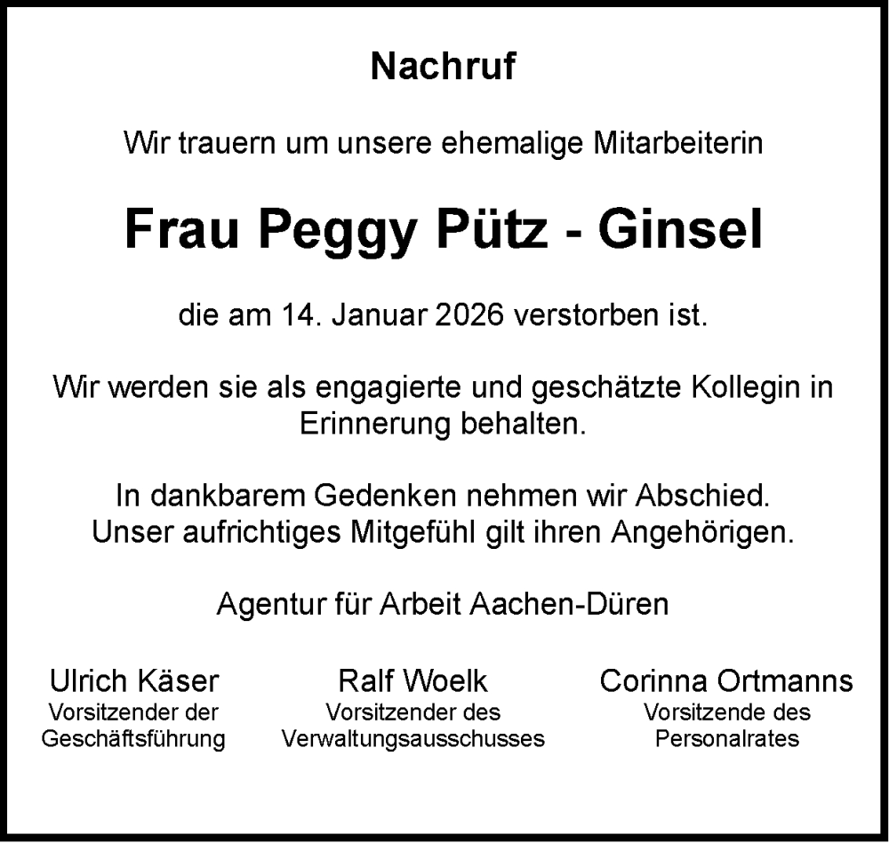  Traueranzeige für Peggy Pütz-Ginsel vom 01.02.2026 aus Zeitung am Sonntag