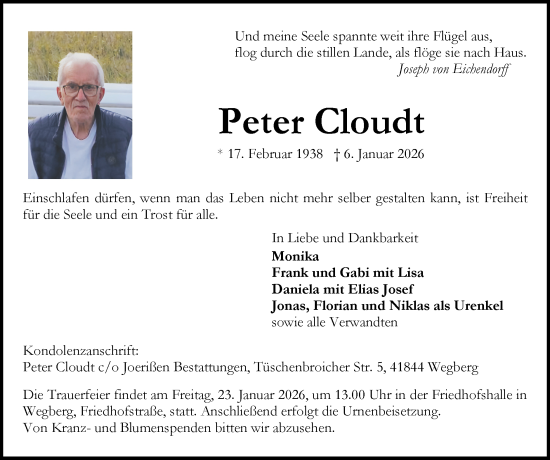Traueranzeige von Peter Cloudt von Zeitung am Sonntag