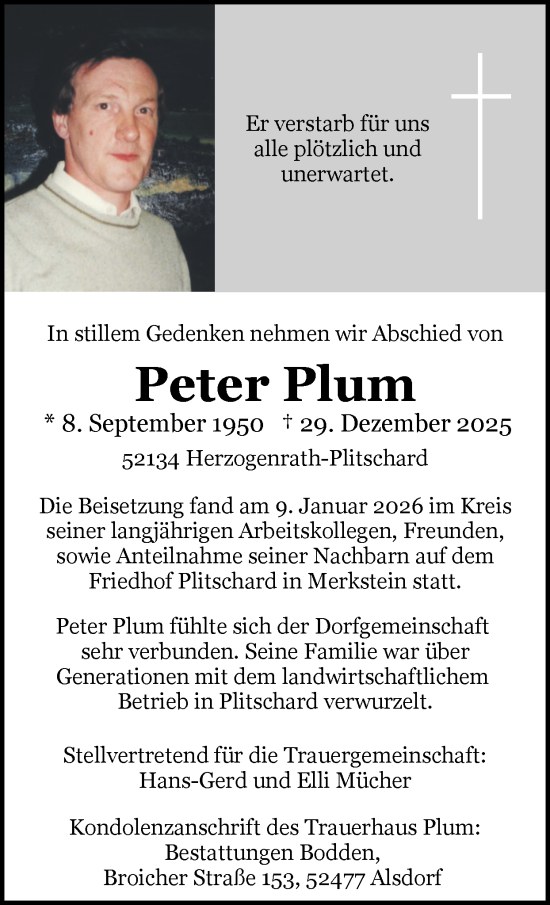 Traueranzeige von Peter Plum von Zeitung am Sonntag
