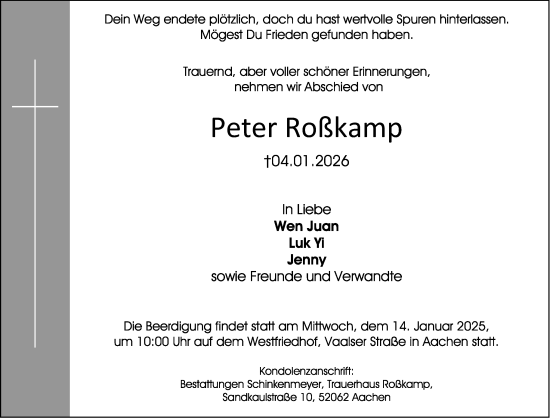 Traueranzeige von Peter Roßkamp von Aachener Zeitung