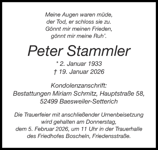 Traueranzeige von Peter Stammler von Zeitung am Sonntag