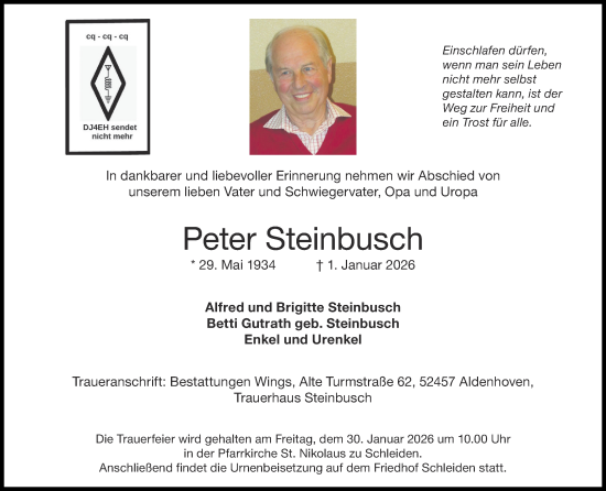 Traueranzeige von Peter Steinbusch von Zeitung am Sonntag