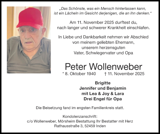 Traueranzeige von Peter Wollenweber von Zeitung am Sonntag
