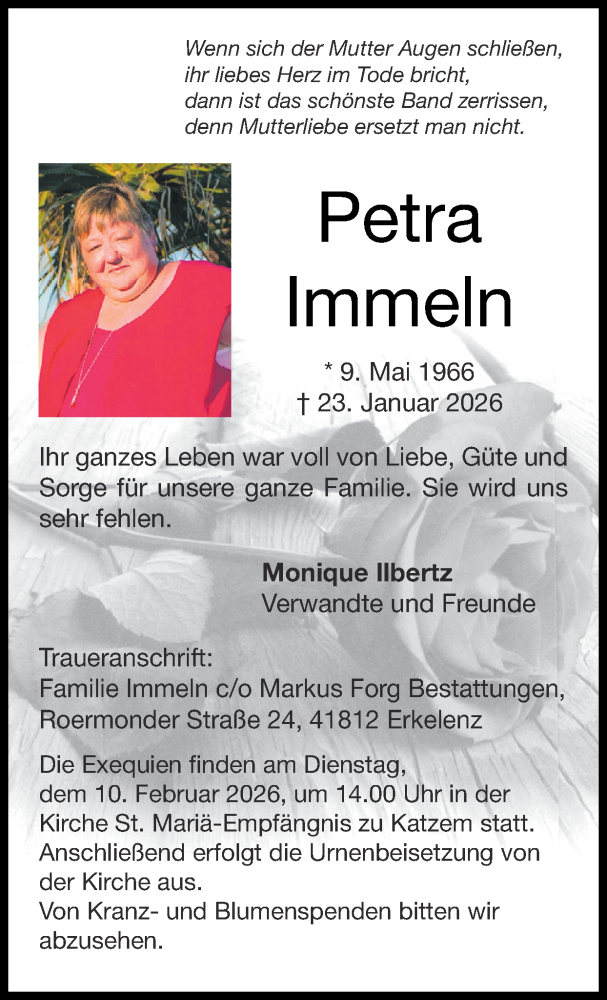  Traueranzeige für Petra Immeln vom 01.02.2026 aus Zeitung am Sonntag