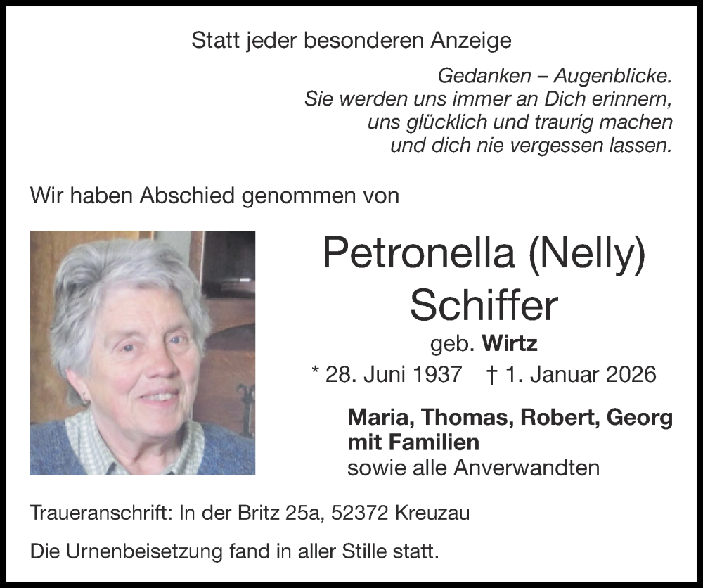  Traueranzeige für Petronella Schiffer vom 25.01.2026 aus Zeitung am Sonntag