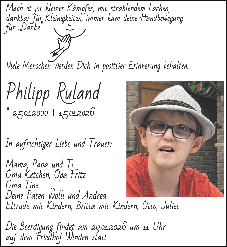  Traueranzeige für Philipp Ruland vom 25.01.2026 aus Zeitung am Sonntag