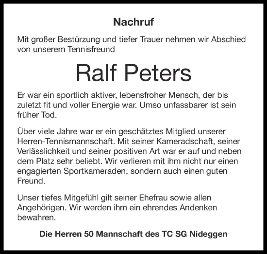 Traueranzeige von Ralf Peters von Zeitung am Sonntag