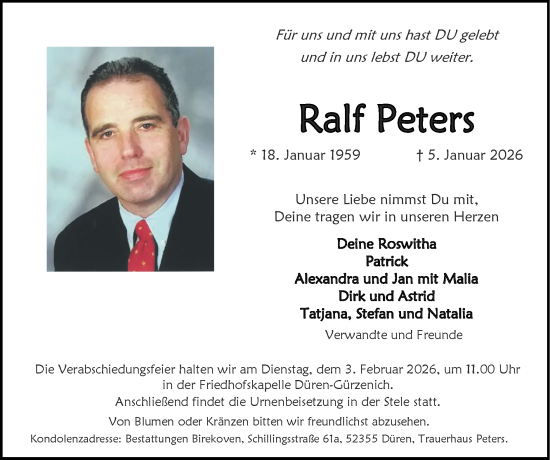 Traueranzeige von Ralf Peters von Zeitung am Sonntag