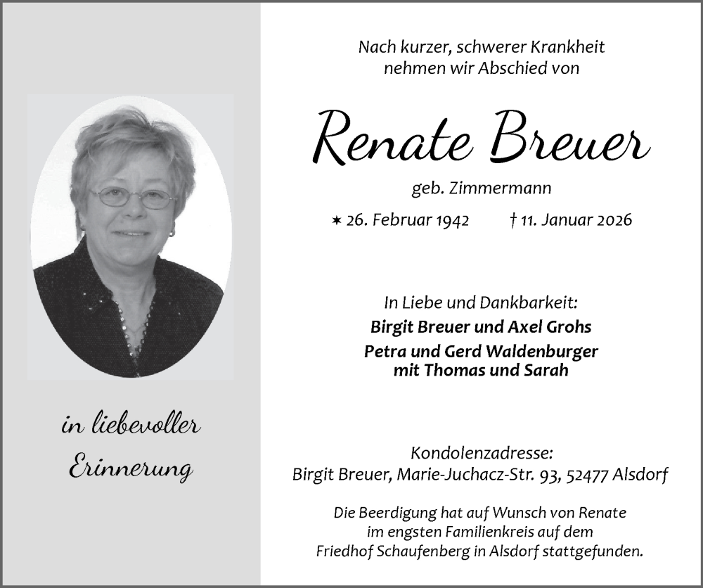  Traueranzeige für Renate Breuer vom 18.01.2026 aus Zeitung am Sonntag