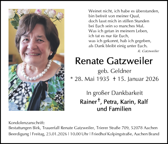 Traueranzeige von Renate Gatzweiler von Aachener Zeitung