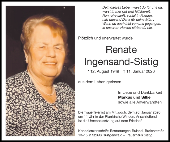 Traueranzeige von Renate Ingensand-Sistig von Zeitung am Sonntag