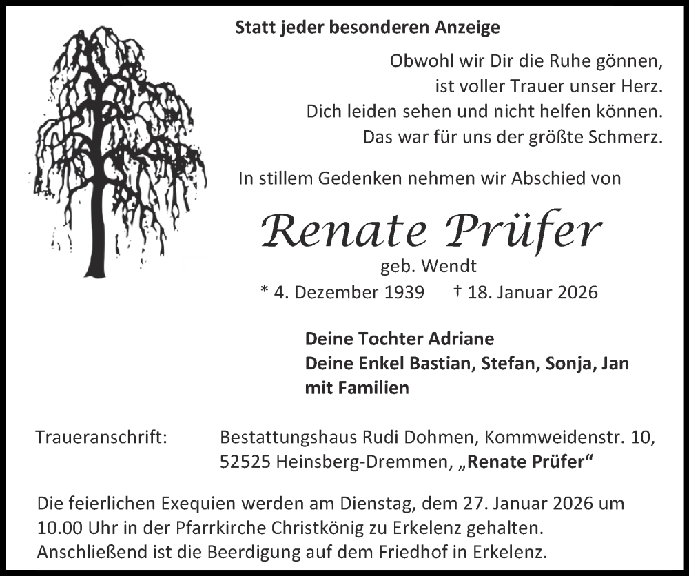  Traueranzeige für Renate Prüfer vom 25.01.2026 aus Zeitung am Sonntag