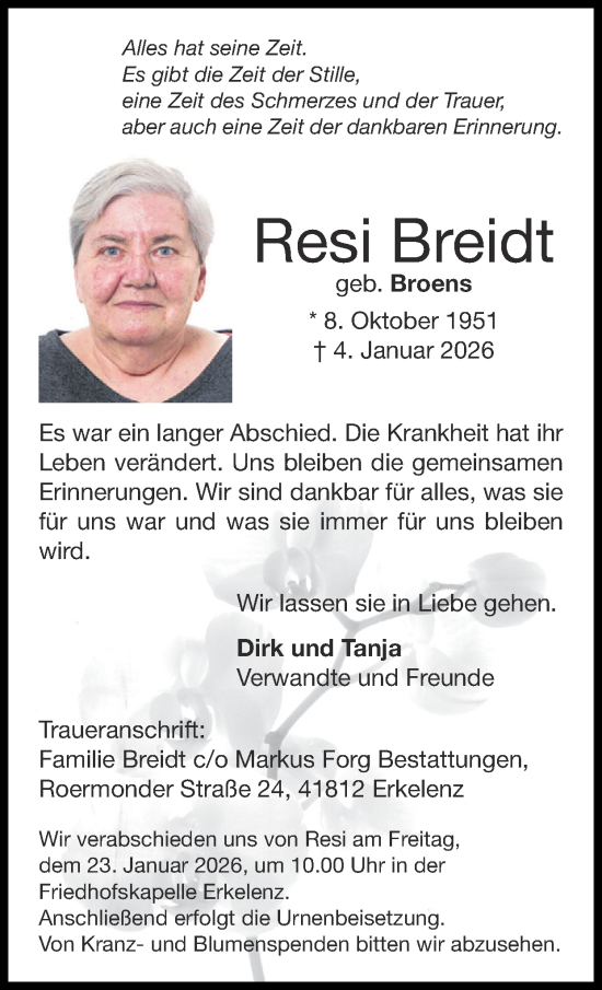 Traueranzeige von Resi Breidt von Zeitung am Sonntag