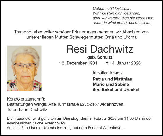 Traueranzeige von Resi Dachwitz von Zeitung am Sonntag