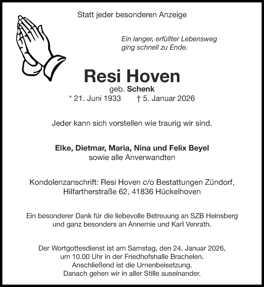  Traueranzeige für Resi Hoven vom 11.01.2026 aus Zeitung am Sonntag
