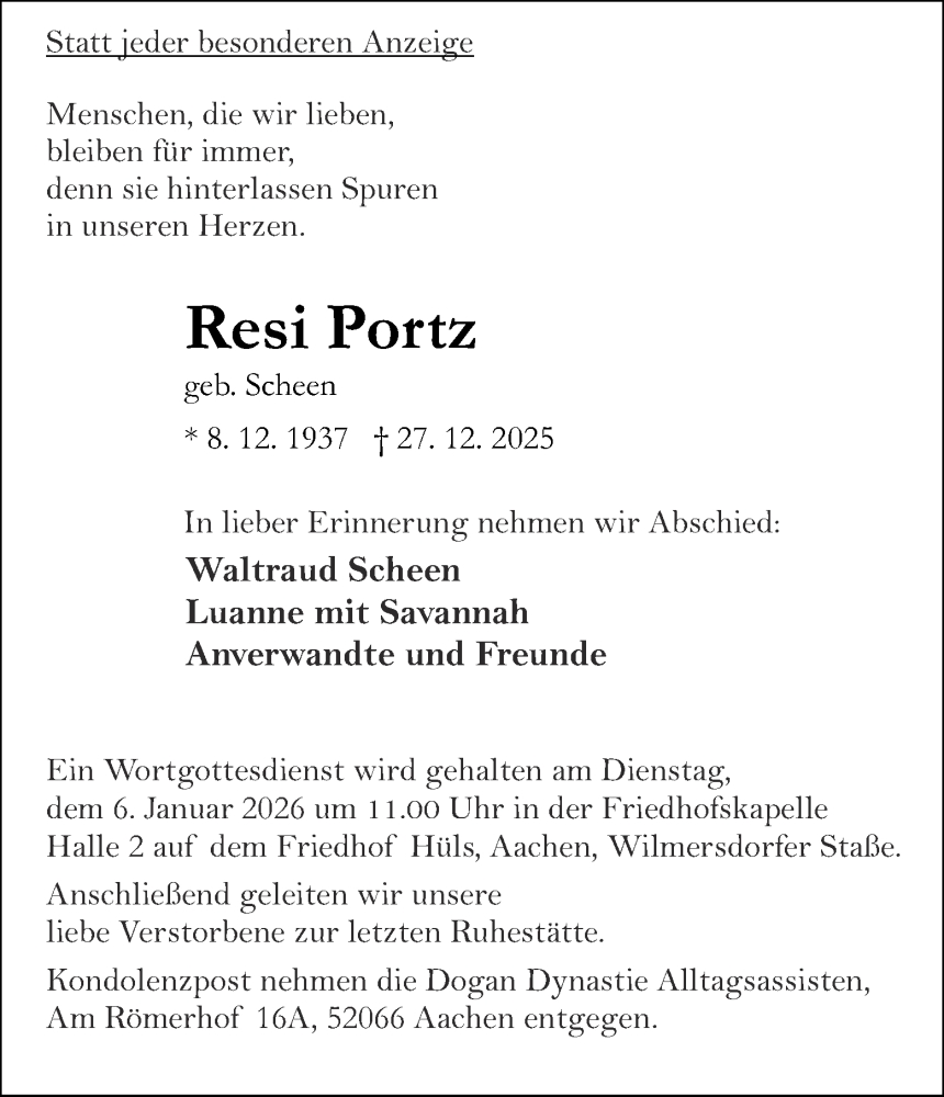  Traueranzeige für Resi Portz vom 03.01.2026 aus Aachener Zeitung