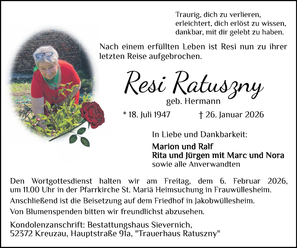  Traueranzeige für Resi Ratuszny vom 01.02.2026 aus Zeitung am Sonntag