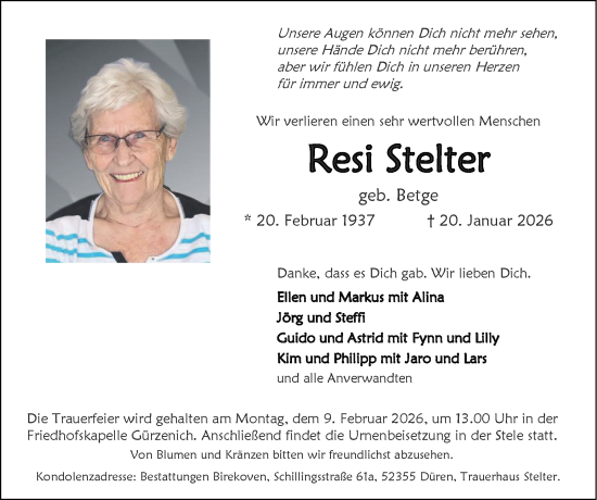 Traueranzeige von Resi Stelter von Zeitung am Sonntag